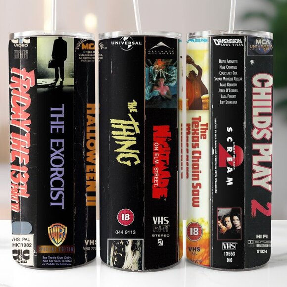 Horror Movie Cult Classic Vintage VHS 20oz Skinny Tumbler - Picture 1 of 4